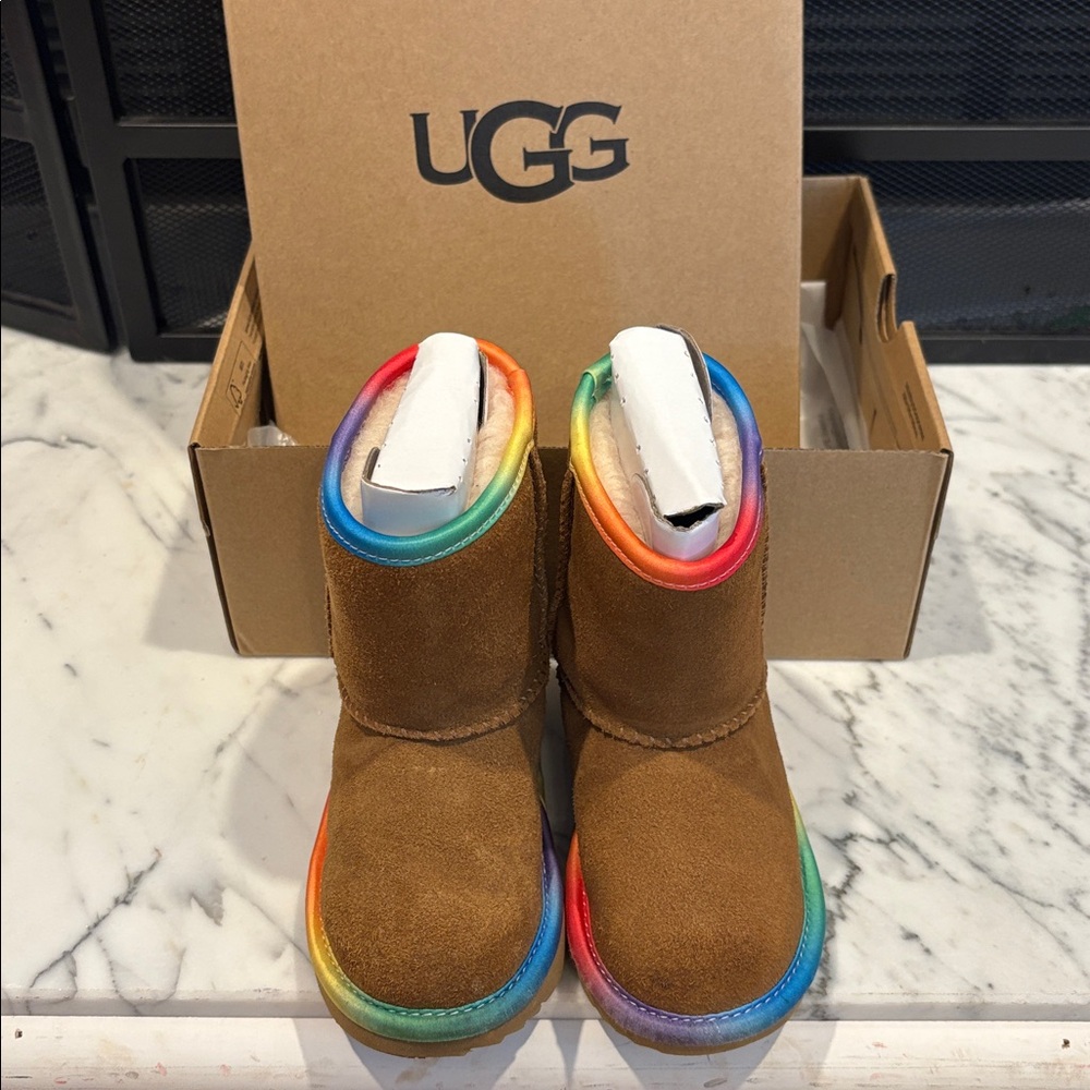 UGG Tan Boots with Colorful Rainbow Trim